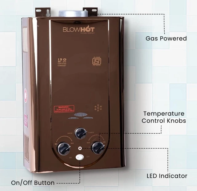 BLOWHOT Gas Geyser 6 Litres | Auto CUT-OFF | Automatic LPG Gas Water Heater Geyser| Instant Warm Water Flow | 1 Year General Warranty | 2 Years Warranty On Heat Exchanger (ISI Marked) (Rose Gold),Wall - Black