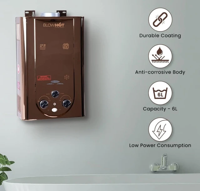 BLOWHOT Gas Geyser 6 Litres | Auto CUT-OFF | Automatic LPG Gas Water Heater Geyser| Instant Warm Water Flow | 1 Year General Warranty | 2 Years Warranty On Heat Exchanger (ISI Marked) (Rose Gold),Wall - Black