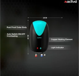 ACTIVA 3L Instant Water Heater Geyser 3kW ISI Copper Element 304L SS Tank Anti Rust Coating Auto Cut Off ABS Body BEE 5 Star Fast Heating Compact Bathroom Kitchen Use 5 Year Warranty Green Black - Black