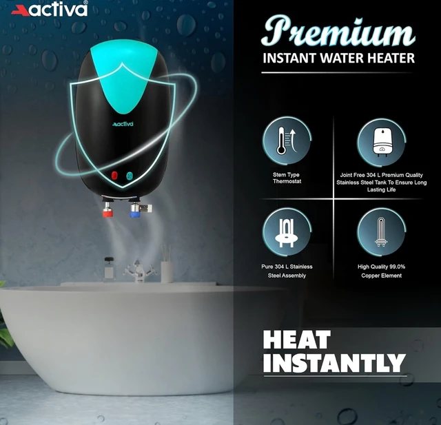 ACTIVA 3L Instant Water Heater Geyser 3kW ISI Copper Element 304L SS Tank Anti Rust Coating Auto Cut Off ABS Body BEE 5 Star Fast Heating Compact Bathroom Kitchen Use 5 Year Warranty Green Black - Black