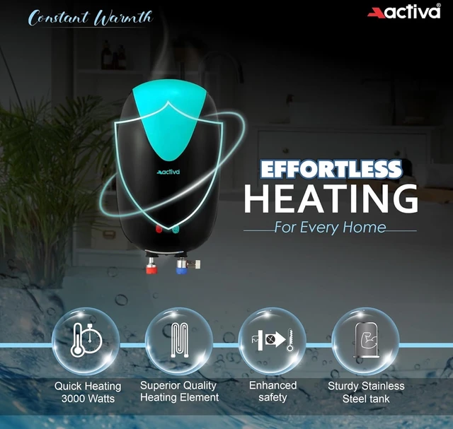 ACTIVA 3L Instant Water Heater Geyser 3kW ISI Copper Element 304L SS Tank Anti Rust Coating Auto Cut Off ABS Body BEE 5 Star Fast Heating Compact Bathroom Kitchen Use 5 Year Warranty Green Black - Black