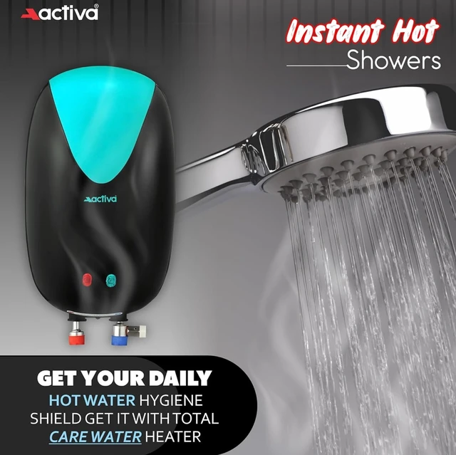 ACTIVA 3L Instant Water Heater Geyser 3kW ISI Copper Element 304L SS Tank Anti Rust Coating Auto Cut Off ABS Body BEE 5 Star Fast Heating Compact Bathroom Kitchen Use 5 Year Warranty Green Black - Black