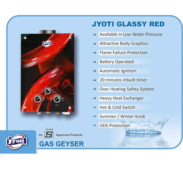 JYOTI Jyoti 6 Ltr Instant Gas Geyser (Jyoti Glassy Red LP - Low Water pressure) - Nutmeg Wood Finish