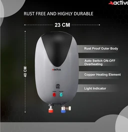 ACTIVA Activa 3 Liters Quick Water Heater Geyser, 3 KVA ISI Copper Element, 0.7mm Anti Rust Coated 304L Pure Stainless Steel Tank, Auto Cut-Off, ABS Body, BEE 5 Start Rated, 5 Year Warranty - Grey & Black