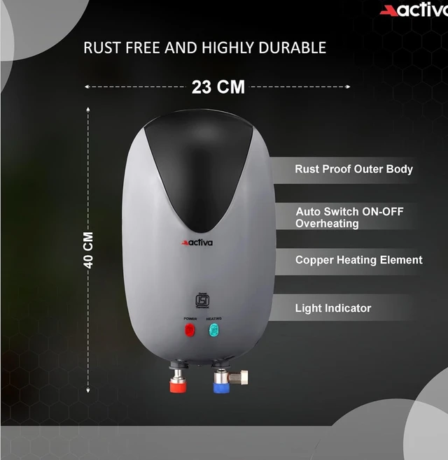 ACTIVA Activa 3 Liters Quick Water Heater Geyser, 3 KVA ISI Copper Element, 0.7mm Anti Rust Coated 304L Pure Stainless Steel Tank, Auto Cut-Off, ABS Body, BEE 5 Start Rated, 5 Year Warranty - Grey & Black