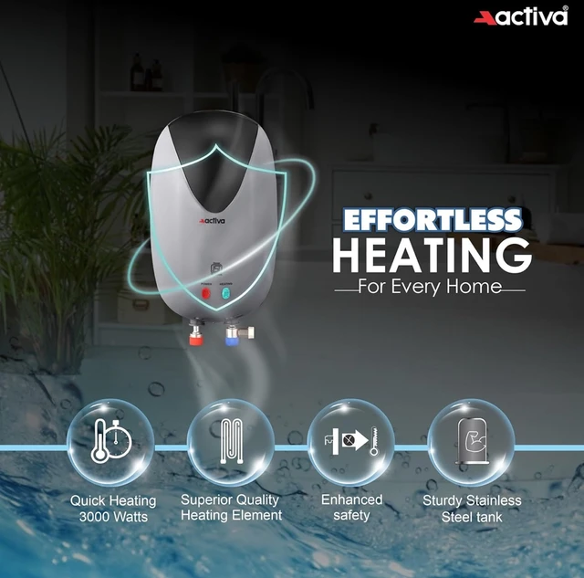 ACTIVA Activa 3 Liters Quick Water Heater Geyser, 3 KVA ISI Copper Element, 0.7mm Anti Rust Coated 304L Pure Stainless Steel Tank, Auto Cut-Off, ABS Body, BEE 5 Start Rated, 5 Year Warranty - Grey & Black