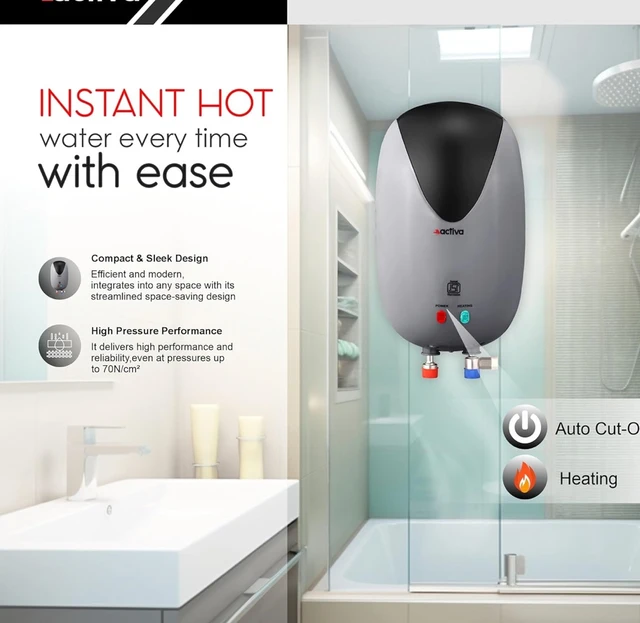 ACTIVA Activa 3 Liters Quick Water Heater Geyser, 3 KVA ISI Copper Element, 0.7mm Anti Rust Coated 304L Pure Stainless Steel Tank, Auto Cut-Off, ABS Body, BEE 5 Start Rated, 5 Year Warranty - Grey & Black