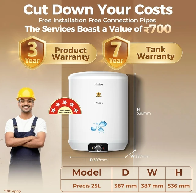HAIER Haier Precis Water Geyser 25 Litre 5 Star Rated Water Heater|Pipe Free Installation Abs Body Temperature Control Shock Proof Glasslined Tank|8 Safety Levels|High Rise Compatible|Bacteria Proof System