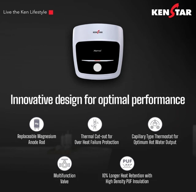KENSTAR Kenstar Marvel 15-L, 5 Star Rated Storage Water Heater with Superior Glassline Coated Tank, Powerful 2000W Heating Element, Rust Proof Plastic Body and Advanced 3 Level Safety|(White and Blue)