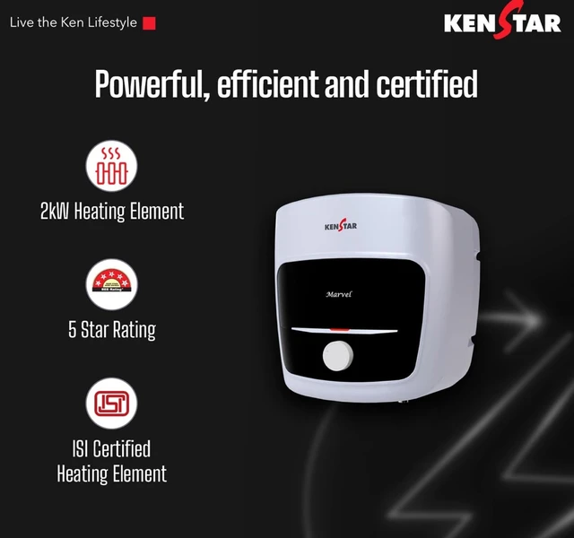 KENSTAR Kenstar Marvel 15-L, 5 Star Rated Storage Water Heater with Superior Glassline Coated Tank, Powerful 2000W Heating Element, Rust Proof Plastic Body and Advanced 3 Level Safety|(White and Blue)