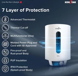 KENSTAR Kenstar ELIX 15L Vertical Storage Water Heater for Home| 4-Star Rated Geyser| Multiple Safety Systems with Advanced 3 Level Safety| White - White