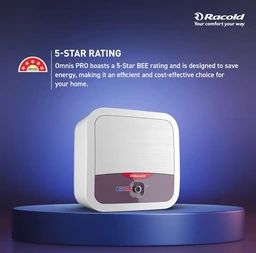 RACOLD Racold Omnis Pro 10L Vertical 5 Star Storage Wall Mount Water Heater(Geyser)With Free Standard Installation&Pipes|Extra Durability With Titanium Enamelled Coating|Shower Ready Indicator|Children Care