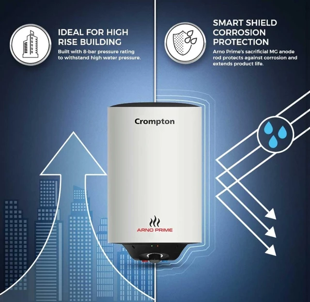 Arno prime Crompton Arno Prime 10-L Geyser |Anti-Scale Technology |5 Star Energy Efficient Storage Water Heater |Advanced 3 Level Safety |Suitable for High Rise Buildings |8 Year Tank & 4 Year Element Warranty - Silver