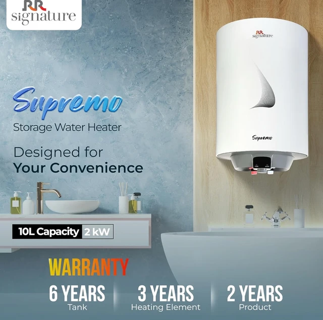 Supremo RR Signature Supremo 10L Star Rated Storage Water Heater for Home | Glass Line Tank Geyser | 8 Bar, Suitable for High Rise |Thermal Cutout |Safety Valve 2 Yr Warranty on Product & 6 Yr on Tank by RR - White