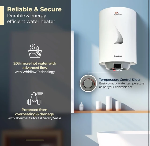 Supremo RR Signature Supremo 10L Star Rated Storage Water Heater for Home | Glass Line Tank Geyser | 8 Bar, Suitable for High Rise |Thermal Cutout |Safety Valve 2 Yr Warranty on Product & 6 Yr on Tank by RR - White