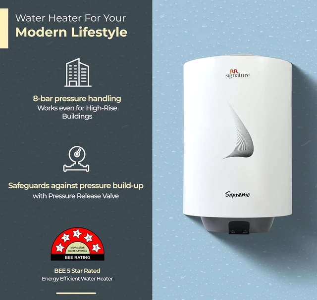 Supremo RR Signature Supremo 10L Star Rated Storage Water Heater for Home | Glass Line Tank Geyser | 8 Bar, Suitable for High Rise |Thermal Cutout |Safety Valve 2 Yr Warranty on Product & 6 Yr on Tank by RR - White