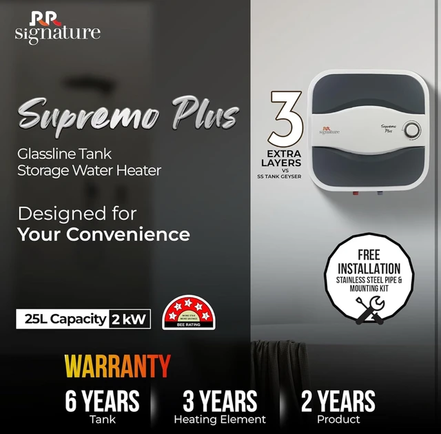 Supremo RR Signature Supremo Plus 25L Storage Water Heater |Glass Line Tank|8 Bar, High Rise Buildings |2 Yr Warranty on Product & 6 Yr on Tank by RR | Free Installation & Pipes
56%
off
- Dorado