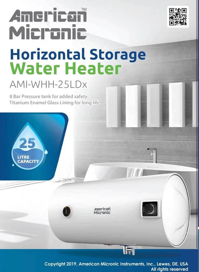 AMERICAN MICRONIC® 25 L Horizontal Water Heater | 8 Bar Pressure | Titanium Glass Lined Seamless Steel Tank | Variable Temperature Control | Magnesium Anode | BEE 4 Star | AMI-WHH-25LDx (White)
- White