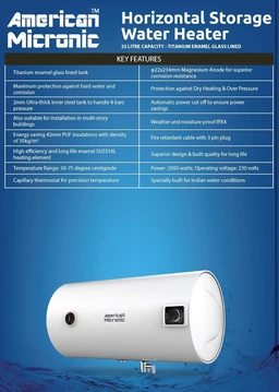 AMERICAN MICRONIC® 25 L Horizontal Water Heater | 8 Bar Pressure | Titanium Glass Lined Seamless Steel Tank | Variable Temperature Control | Magnesium Anode | BEE 4 Star | AMI-WHH-25LDx (White)
- White
