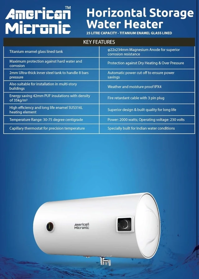 AMERICAN MICRONIC® 25 L Horizontal Water Heater | 8 Bar Pressure | Titanium Glass Lined Seamless Steel Tank | Variable Temperature Control | Magnesium Anode | BEE 4 Star | AMI-WHH-25LDx (White)
- White