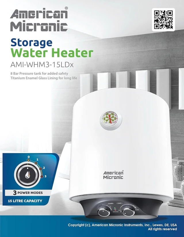 American Microns AMERICAN MICRONIC®-Water Heater, 15 Litre, 8 Bar Pressure, Titanium Glass Lined Seemless Steel Tank, 3 Power modes (800W 1200W 2000W), Magnesium Anode, BEE 5 Star (White)-AMI-WHM3-15LDx - White