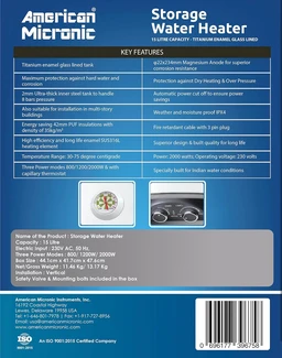 American Microns AMERICAN MICRONIC®-Water Heater, 15 Litre, 8 Bar Pressure, Titanium Glass Lined Seemless Steel Tank, 3 Power modes (800W 1200W 2000W), Magnesium Anode, BEE 5 Star (White)-AMI-WHM3-15LDx - White