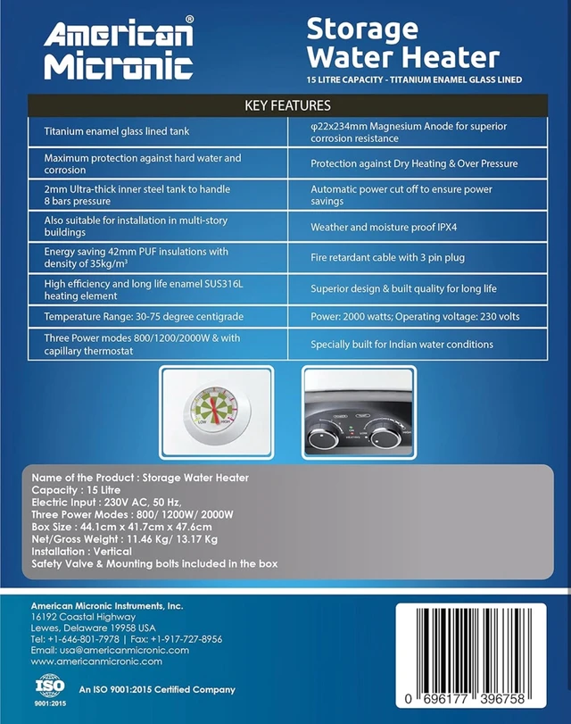 American Microns AMERICAN MICRONIC®-Water Heater, 15 Litre, 8 Bar Pressure, Titanium Glass Lined Seemless Steel Tank, 3 Power modes (800W 1200W 2000W), Magnesium Anode, BEE 5 Star (White)-AMI-WHM3-15LDx - White