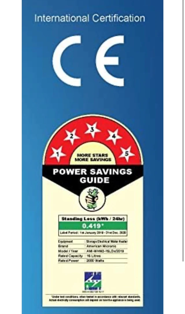 American Microns AMERICAN MICRONIC®-Water Heater, 15 Litre, 8 Bar Pressure, Titanium Glass Lined Seemless Steel Tank, 3 Power modes (800W 1200W 2000W), Magnesium Anode, BEE 5 Star (White)-AMI-WHM3-15LDx - White