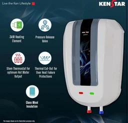 Kenstar Splash 5.9 L with Free Pipe |3000-Watts Powerful Heating | Electric Instant Water Heater (Geyser) |High Grade SS Tank with Advanced 4 Level Safety| Rust-Proof| White & Grey| - White