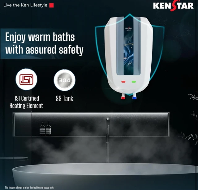 Kenstar Splash 5.9 L with Free Pipe |3000-Watts Powerful Heating | Electric Instant Water Heater (Geyser) |High Grade SS Tank with Advanced 4 Level Safety| Rust-Proof| White & Grey| - White