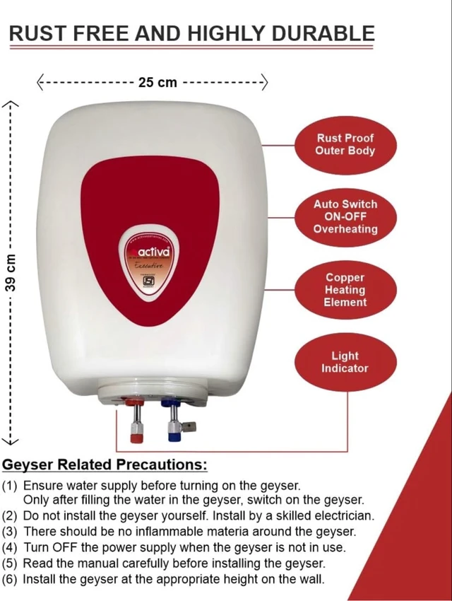 ACTIVA 6 ltr Instant Geyser | 3kW | ABS Body | HD ISI Heating Element | Ivory | Fast Heating | 5-Year Warranty - White