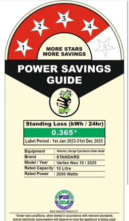 Havells Standard By Havells Vertex Neo 4 Star 10L Storage Water Heater(Geyser)|Faster Heating|Safe to Use|Saves Electricity|Hydro Guard Coated Anti Rust Tank|Temp. Setting Knob|5 Yr. Tank Warranty| White
43%
off
- White