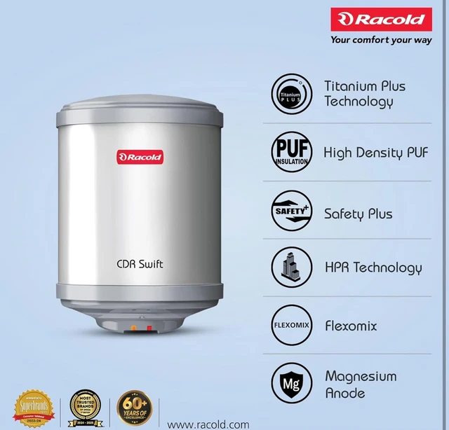 Racold CDR Swift 25 Litre 3kW 5 Star BEE Rating Storage Water Heater | 33% Faster Heating than other 2kW Geysers | Titanium Coating on Tank | Rust-proof Body | Free Standard Installation & Pipes
46%
off
- Silver