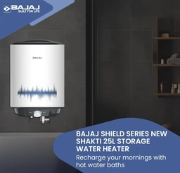 Bajaj Shield Series New Shakti 25L Storage Wall Mount Water Heater for Home, 5-Star Rated Geyser, Child Safety Mode, 10-Year Tank, 6-Year Element, 4-Year Product Warranty (White & Grey) - Silver Chalice