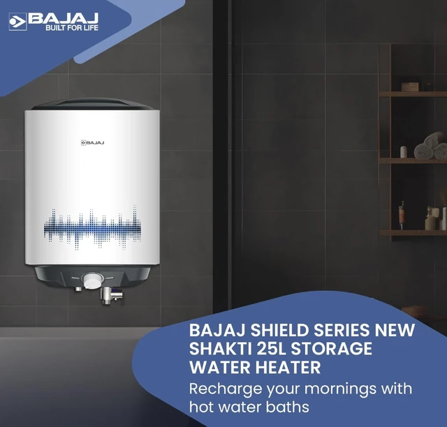 Bajaj Shield Series New Shakti 25L Storage Wall Mount Water Heater for Home, 5-Star Rated Geyser, Child Safety Mode, 10-Year Tank, 6-Year Element, 4-Year Product Warranty (White & Grey) - Silver Chalice