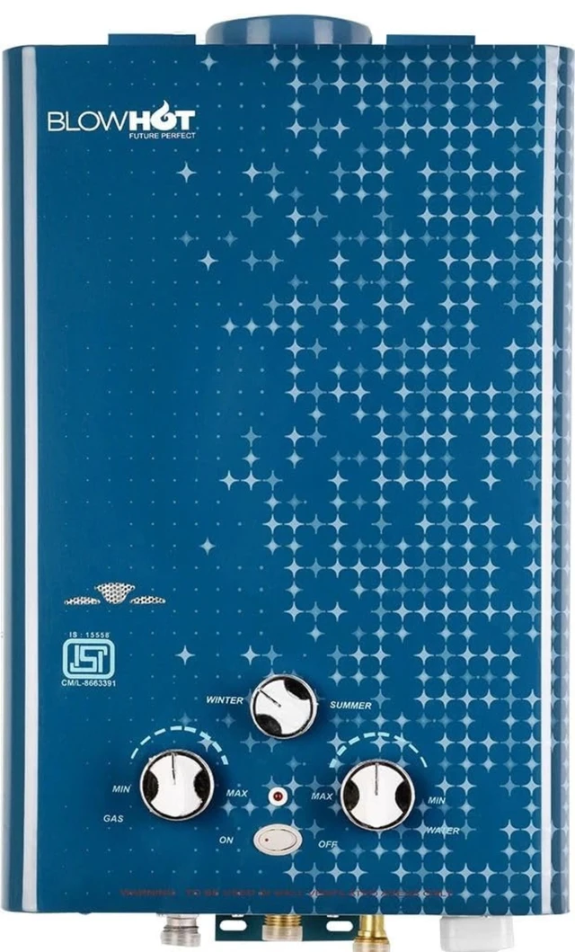 Blue BLOWHOT 6 Litres Gas Geyser, Auto CUT-OFF LPG Gas Water Heater Geyser, Low Gas Consumption, 1 Year General Warranty and 2 Years Warranty On Heat Exchanger (ISI Marked) (Green Star) Blue