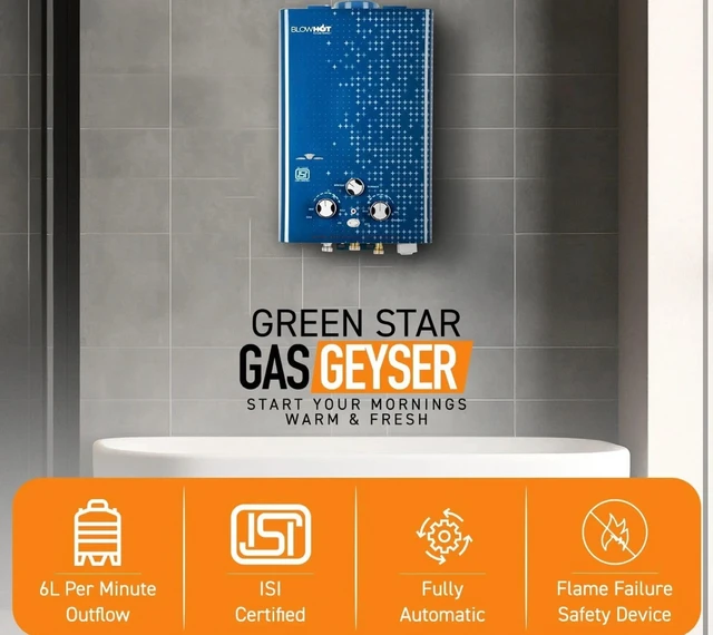 Blue BLOWHOT 6 Litres Gas Geyser, Auto CUT-OFF LPG Gas Water Heater Geyser, Low Gas Consumption, 1 Year General Warranty and 2 Years Warranty On Heat Exchanger (ISI Marked) (Green Star) Blue
