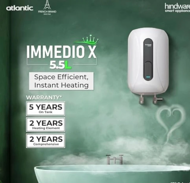 HINDWARE SMART Hindware Smart Appliances IMMEDIO x 5.5L Instant Water Geyser | High Grade Stainless-Steel Tank | I-Thermostat Feature & Pressure Release Valve (White & Black)
52%
off
- White