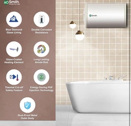 A O Smith AO Smith Horizontal Geyser 25 Litre (Right)| Storage Water Geyser With Glass Coated Heating Element | Durable Metal Body | Warranty: 7 Yr Tank, 2 Yr Comprehensive | HAS-X1-025-RHS | BEE Rating 4 Star - White