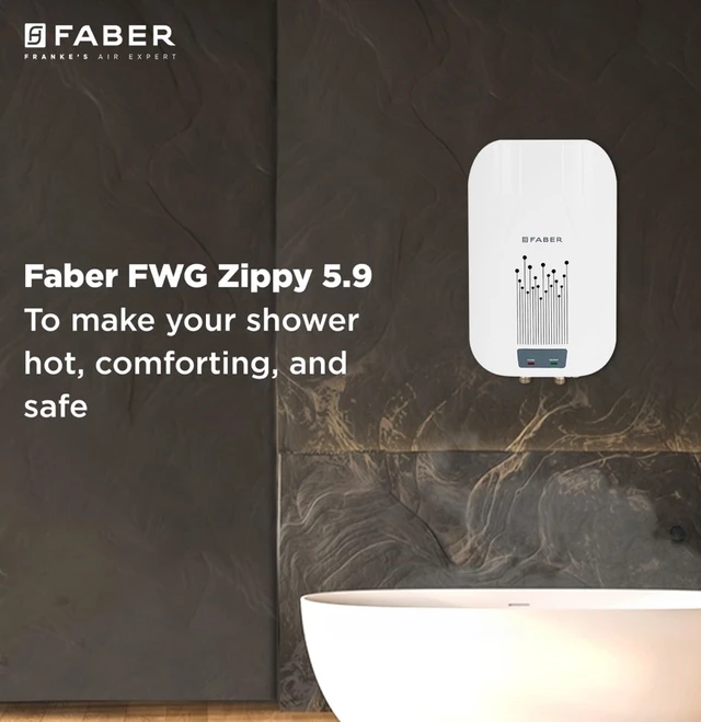 Faber Zippy Instant Geyser 5.9 Litre| 3000W | Free Pipe & Installation | Energy Efficient |5Yr Tank, 3Yr Heating Element 2 Yr Product Warranty by Faber| Suitable for Kitchen & Bathroom | FWG Zippy 5.9 - White