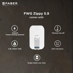 Faber Zippy Instant Geyser 5.9 Litre| 3000W | Free Pipe & Installation | Energy Efficient |5Yr Tank, 3Yr Heating Element 2 Yr Product Warranty by Faber| Suitable for Kitchen & Bathroom | FWG Zippy 5.9 - White