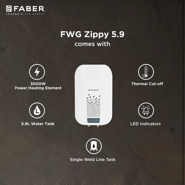 Faber Zippy Instant Geyser 5.9 Litre| 3000W | Free Pipe & Installation | Energy Efficient |5Yr Tank, 3Yr Heating Element 2 Yr Product Warranty by Faber| Suitable for Kitchen & Bathroom | FWG Zippy 5.9 - White