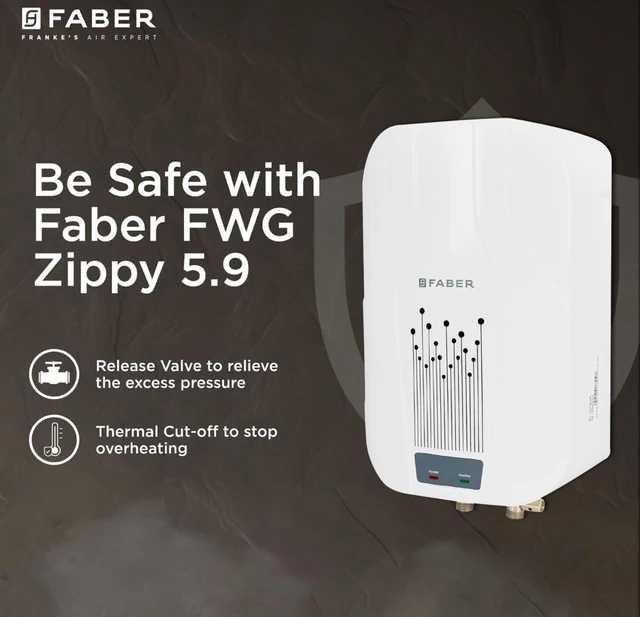 Faber Zippy Instant Geyser 5.9 Litre| 3000W | Free Pipe & Installation | Energy Efficient |5Yr Tank, 3Yr Heating Element 2 Yr Product Warranty by Faber| Suitable for Kitchen & Bathroom | FWG Zippy 5.9 - White