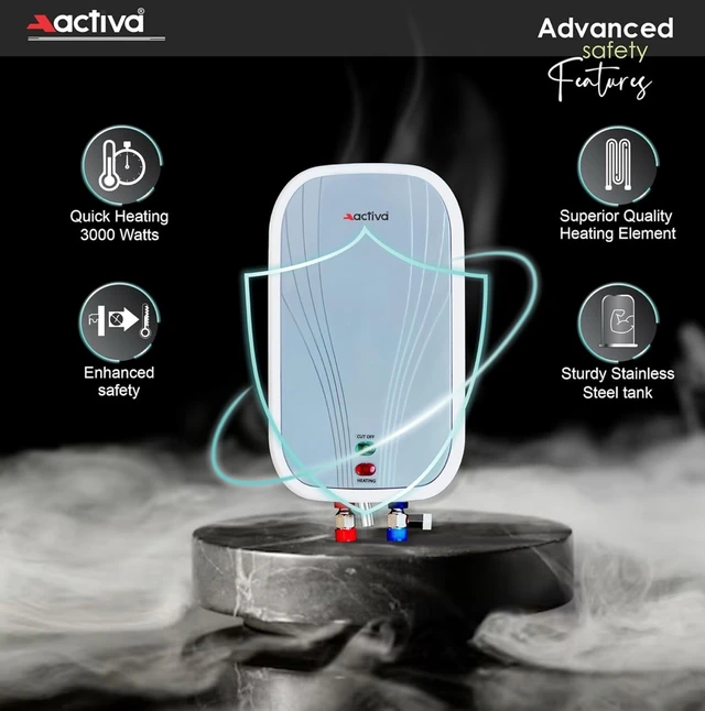 ACTIVA Volcano 3L Instant Water Heater Geyser | 3000W ISI Marked Copper Heating Element | 304L Stainless Steel Tank with Anti-Rust Coating | Auto Cut-Off Safety | ABS Body | 5 Years Warranty