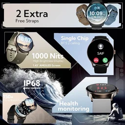 GOBOULT Rover Pro 1.43'' AMOLED Display, Free Straps, Bluetooth Calling, IP68, Zinc Alloy Frame, 1000 Nits Brightness, AI Voice Assistant, SpO2, 120+ Sports Mode Smartwatch (Pure Black) - Black