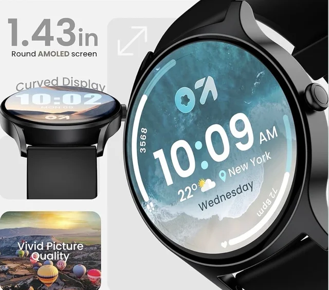 GOBOULT Rover Pro 1.43'' AMOLED Display, Free Straps, Bluetooth Calling, IP68, Zinc Alloy Frame, 1000 Nits Brightness, AI Voice Assistant, SpO2, 120+ Sports Mode Smartwatch (Pure Black) - Black