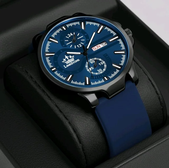 LIMESTONE Men’s Analog Quartz Watch with Day & Date Display, Leather/Silicone Strap – Casual & Formal Wrist Watch for Men - Cornflower Blue