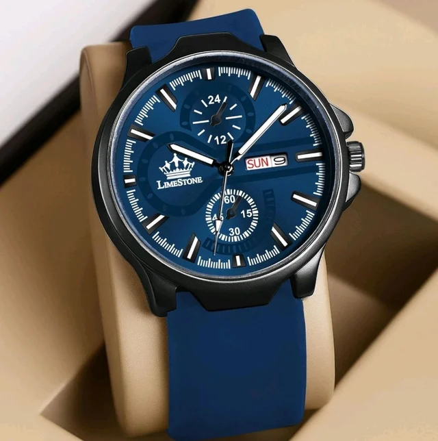LIMESTONE Men’s Analog Quartz Watch with Day & Date Display, Leather/Silicone Strap – Casual & Formal Wrist Watch for Men - Cornflower Blue