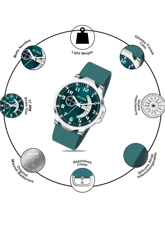 Matrix Classic 2.0 Day & Date Analog Watch with Softest Silicone Strap for Men & Boys (Teal)