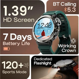 GOBOULT Newly Launched Tuff Hawk Smart Watch 1.39'' HD Display, BT Calling, Working Crown, 150+Watchfaces, 450 Nits Brightness, AI Voice Assistant, SpO2 Monitoring (Green) (Green) - Pine Green